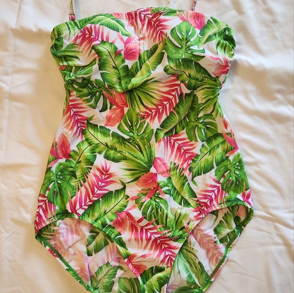 Jantzen Classic One Piece Palm Pattern Green&Pink Swim Suit Size 12. - Picture 2 of 11